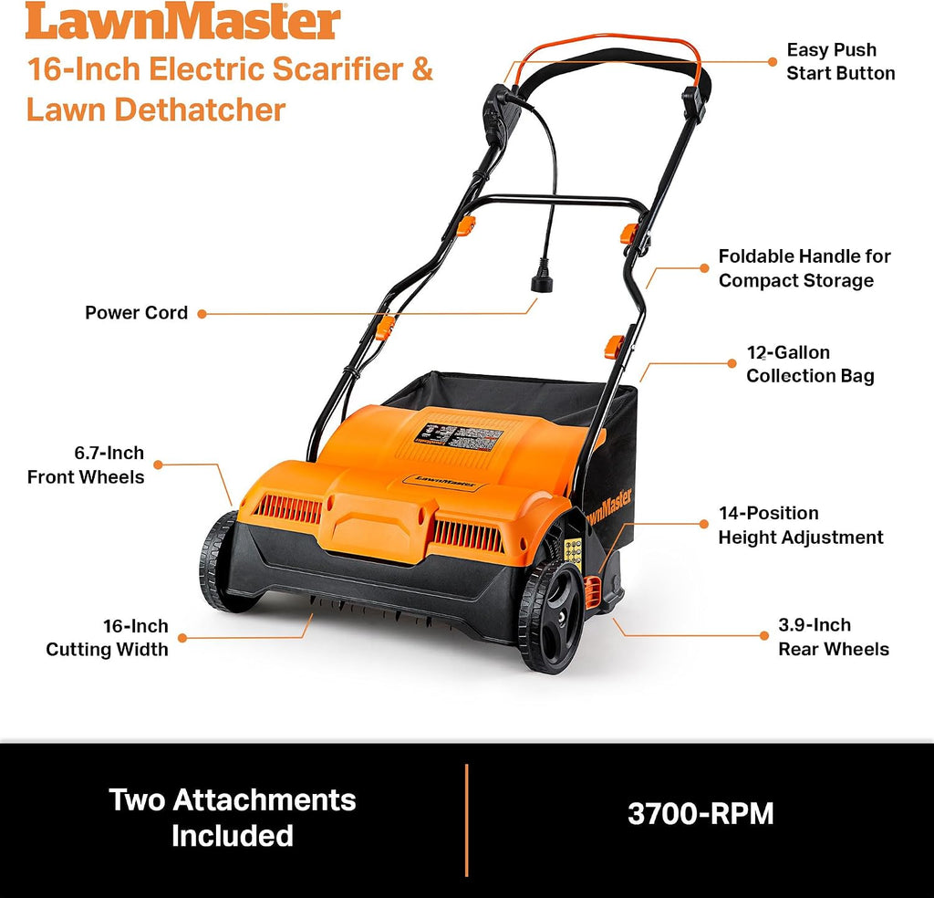 LawnMaster GVB1316 Electric 16' 13 Amp Dethatcher and Scarifier with 12 Gallon Collection Bag