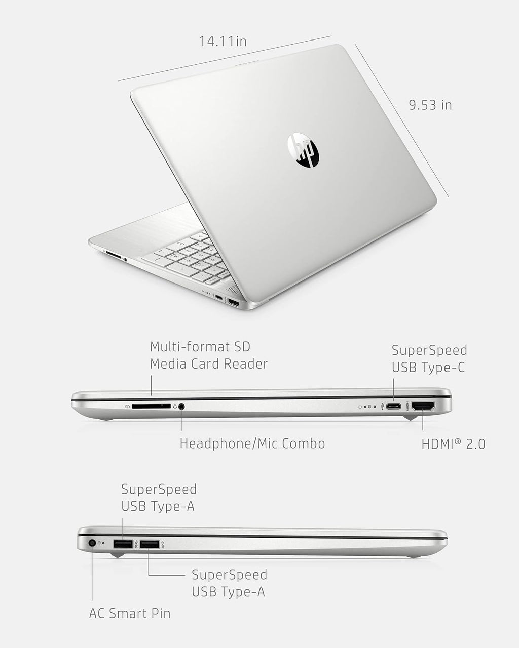 HP 15 Laptop, AMD Ryzen 3-5300U Processor, 8 GB RAM, 256 GB SSD Storage, 15.6-inch HD Micro-Edge Display, Windows 11 Home, Long-Lasting Battery, Fast Charge, 720p Webcam (15-ef2024nr), Natural Silver