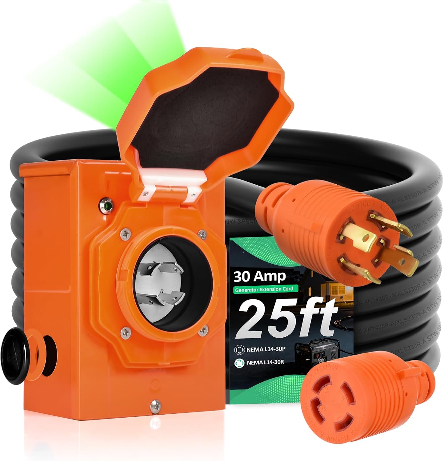 H HZXVOGEN 30 Amp Generator Cord and Power Inlet Box Kit, 25FT RV Extension Cord NEMA L14-30P/L14-30R STW 6/3+10 AWG Power Cord with Pre-Drilled Generator Inlet Box Twist Lock Connector, UL&ETL Listed