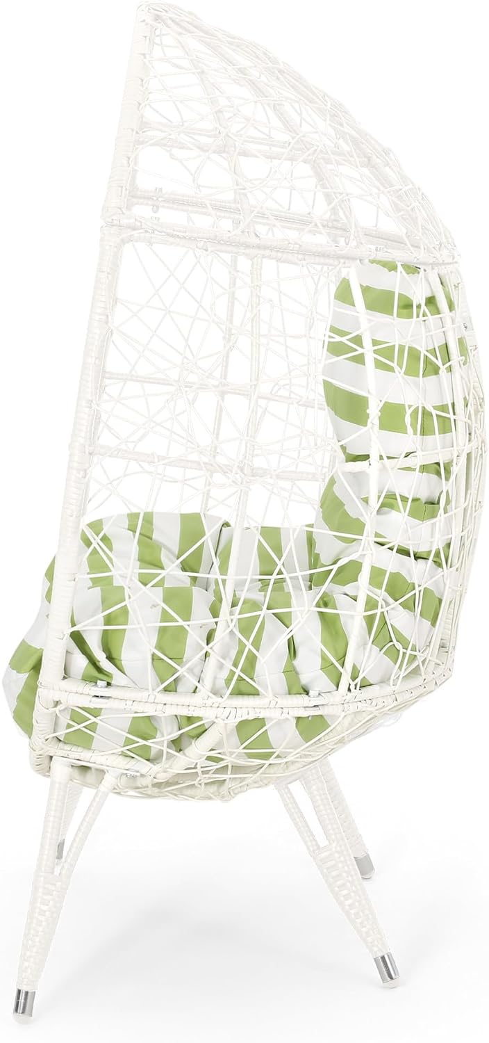 Wicker Egg Chair, Wicker Lounge Chair with Water Resistant Cushion, Indoor Outdoor Lounger for Patio, Backyard, Living Room (White)