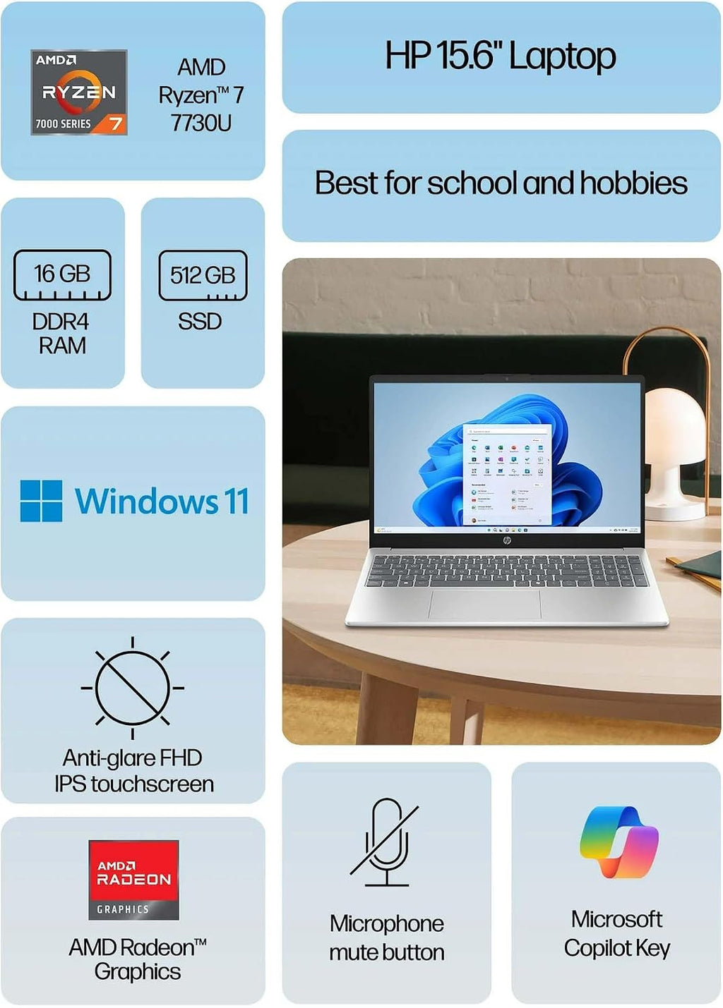 HP 15 Touch High Performance Laptop in Mistic Silver Ryzen 7 8-core up to 4.5GHz 16GB 512GB SSD 15.6in FHD HDMI Win11 (15-FC - Renewed)