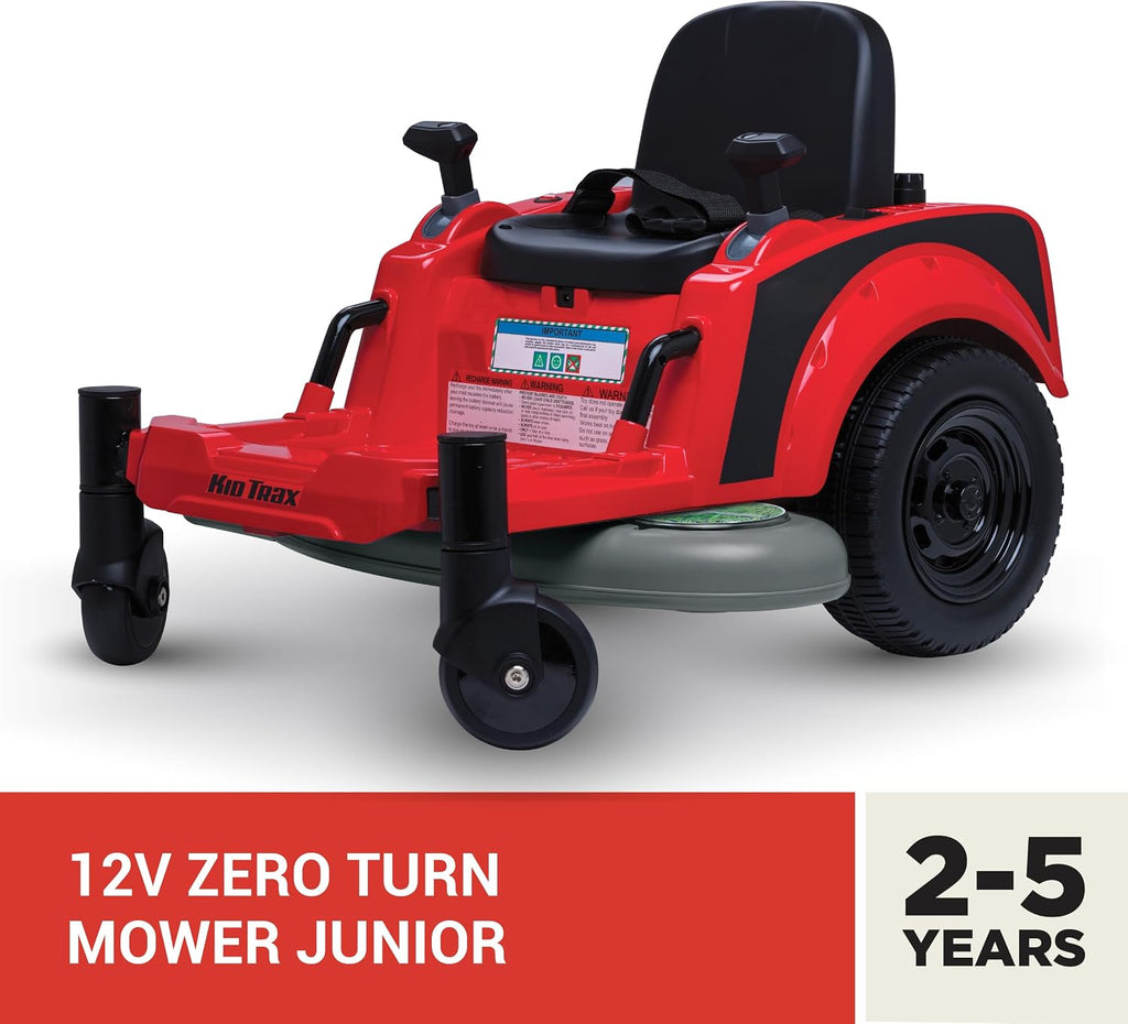 Kid Trax 12V Zero Turn Lawn Mower Jr. Ride on Toy - Riding Lawn Mower, Outdoor Toys, Kids Electric Car, Tractor Toy, Dual Handle, Twist and Turn, Speed to 2.5 MPH, Max Weight of 66lbs, Age 2-5, Red