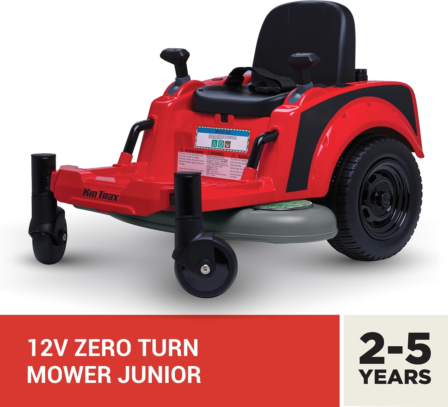 Kid Trax 12V Zero Turn Lawn Mower Jr. Ride on Toy - Riding Lawn Mower, Outdoor Toys, Kids Electric Car, Tractor Toy, Dual Handle, Twist and Turn, Speed to 2.5 MPH, Max Weight of 66lbs, Age 2-5, Red