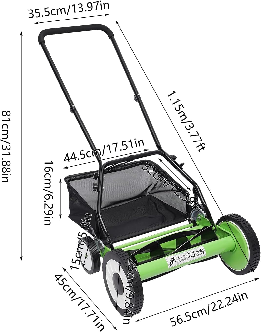 16-Inch 5-Blade Cordless Manual Reel Lawn Mower, Adjustable Cutting Height Manual Reel Mower with Removable Grass Collection Basket, 4 Wheels