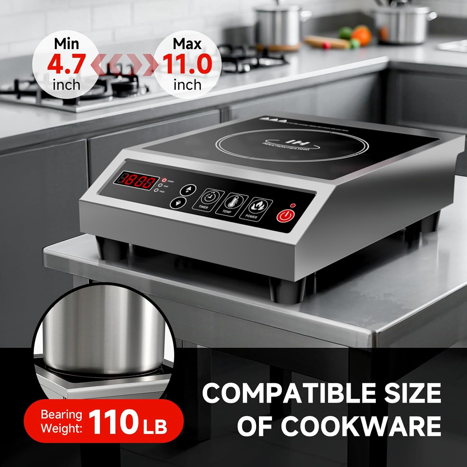 Induction Cooktop Commercial 1800W, Portable Countertop Burner with 8' Fast Heating Coil, 11 Temp/Power Levels, 24H Timer Stainless Steel Electric Stove for for RV Home Kitchen
