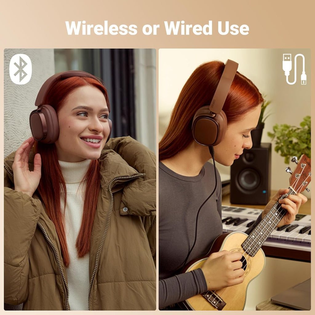 Edifier ES850NB Active Noise Cancelling Headphones, Over Ear Bluetooth Headset, 92H Playtime Wired & Wireless Hi-Res Audio Certified, Fast Charging Clear Calls for Home Office Travel - Brown