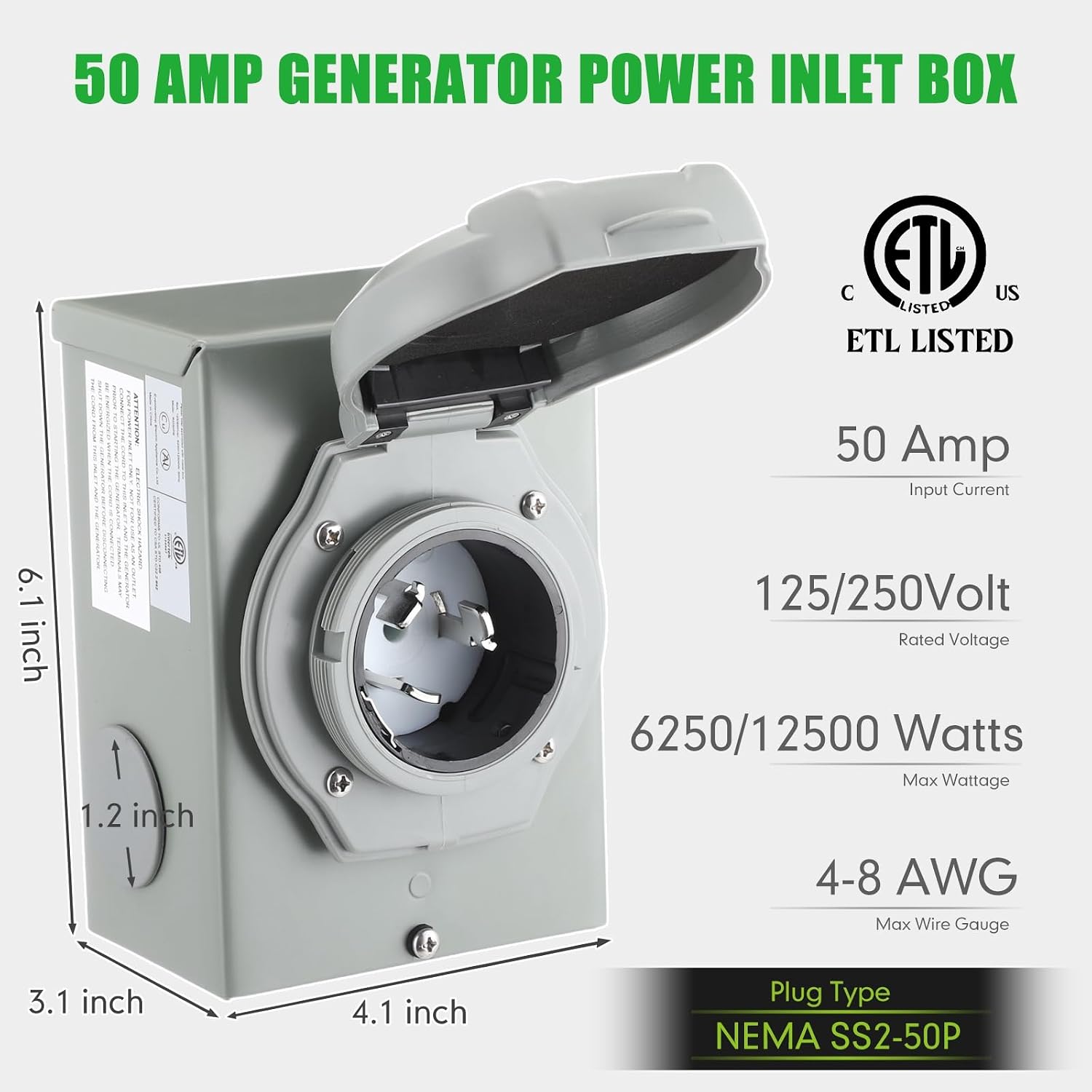 Gisafai 50 Amp 25FT Generator Cord and Pre Drilled Power Inlet Box Compatible with NEMA 14-50P to SS2-50R 125/250V Locking Connector with SS2-50P Generator Inlet Box to House, ETL Listed