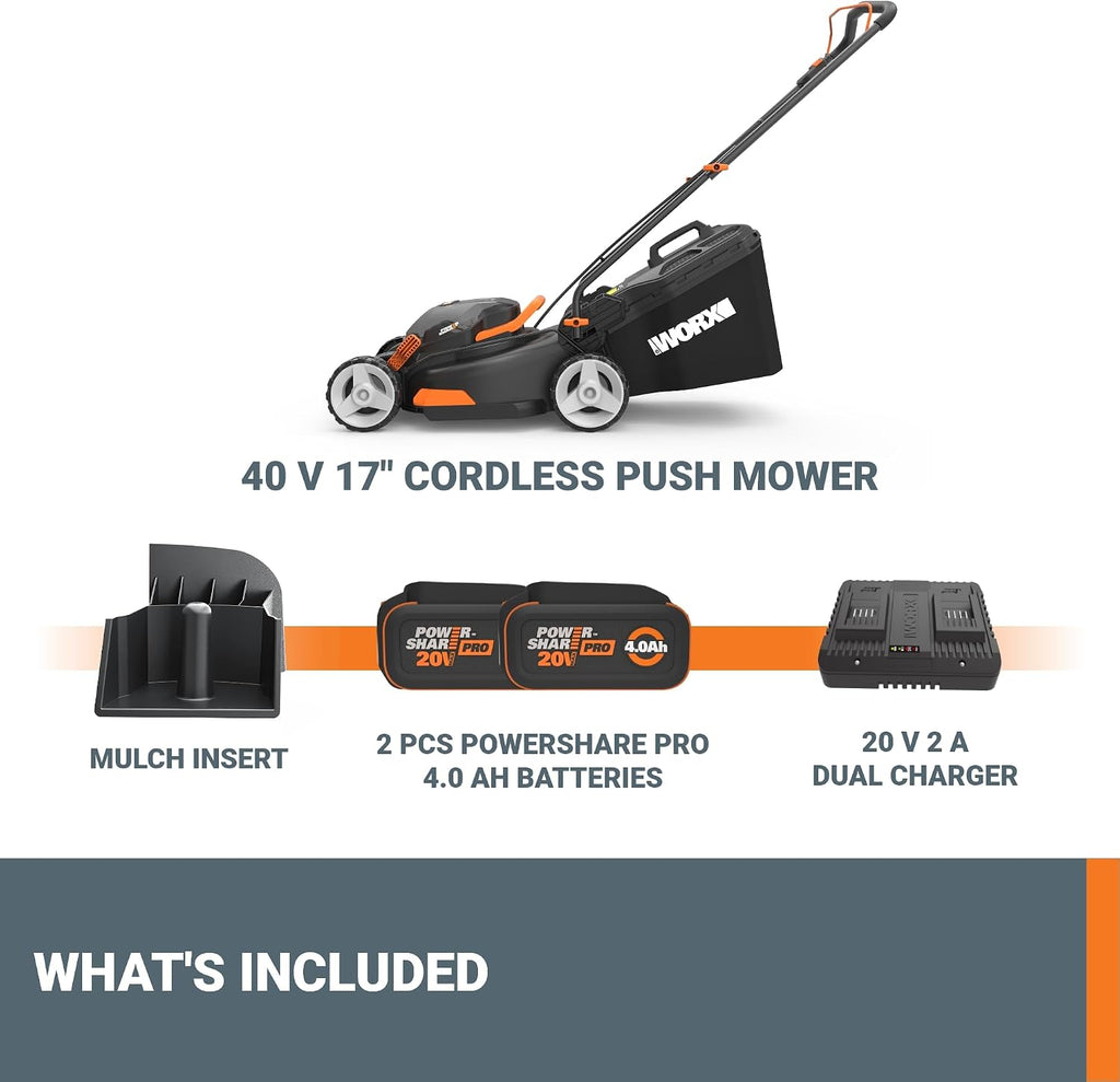 WORX 17' Cordless Lawn Mower, 2 in 1 Electric Mower Cuts Quietly, Compact & Lightweight Push Lawn Mower with 7-Position Height Adjustment for Small Yards, 2 Batteries & Charger Included, WG743