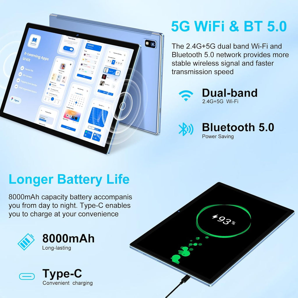 2026 Tablet, 10 Inch Android 15 Tablets 22GB+128GB+1TB Expand, 2-in-1 Octa-Core Electronic Tablet with Keyboard Mouse Case, 8000mAh Battery, 1280x800 HD IPS Display, GPS,Widevine L1, Metal Body -Blue