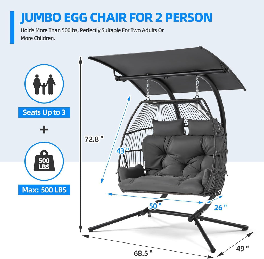 YOLENY Oversized Hanging Swing Chair with Adjustable Canopy, Double Egg Chair, Hammock Chair with Cushion Basket Hammock Nest Chair, Swinging Loveseat for Outdoor Patio, Balcony, Garden