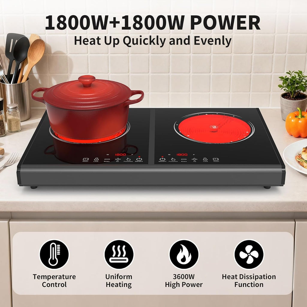 VBGK Electric Cooktop, 110V 3600w Stove top, 22 inch Countertop with 9 Power Levels, LED touch control Overheat Protection, Child Safety Lock & Timer, touch control 2 burer Electric cooktop