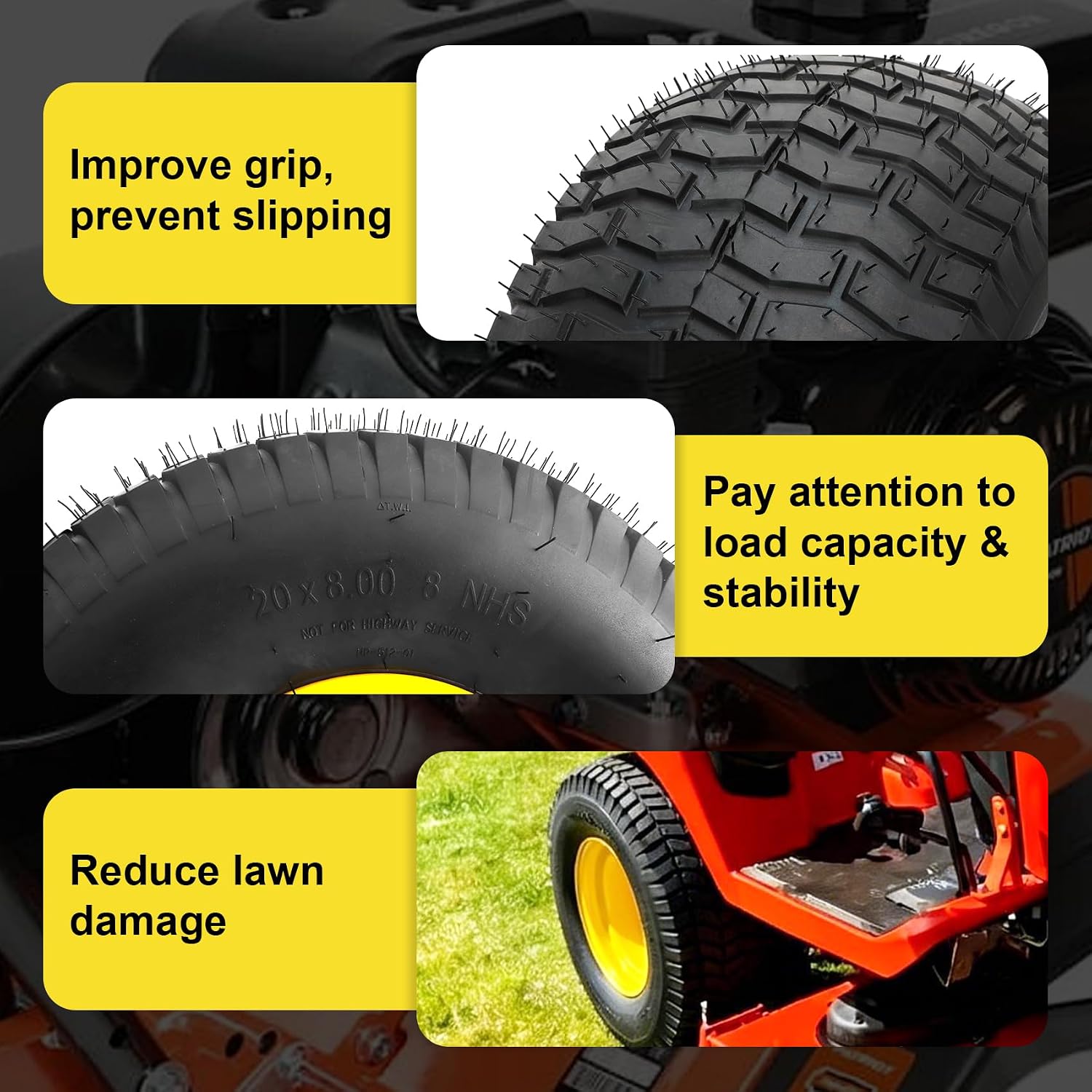 2Pcs 20x8.00-8 Lawn Mower Tires, Rear Tire and Wheel Assemblies for Riding Lawn Mowers, 4-Ply Tubeless Turf-Friendly Tires with 3/4' Borehole, 3.5' Offset Hub and 3/16' Keyway, 965LBS Load Capacity