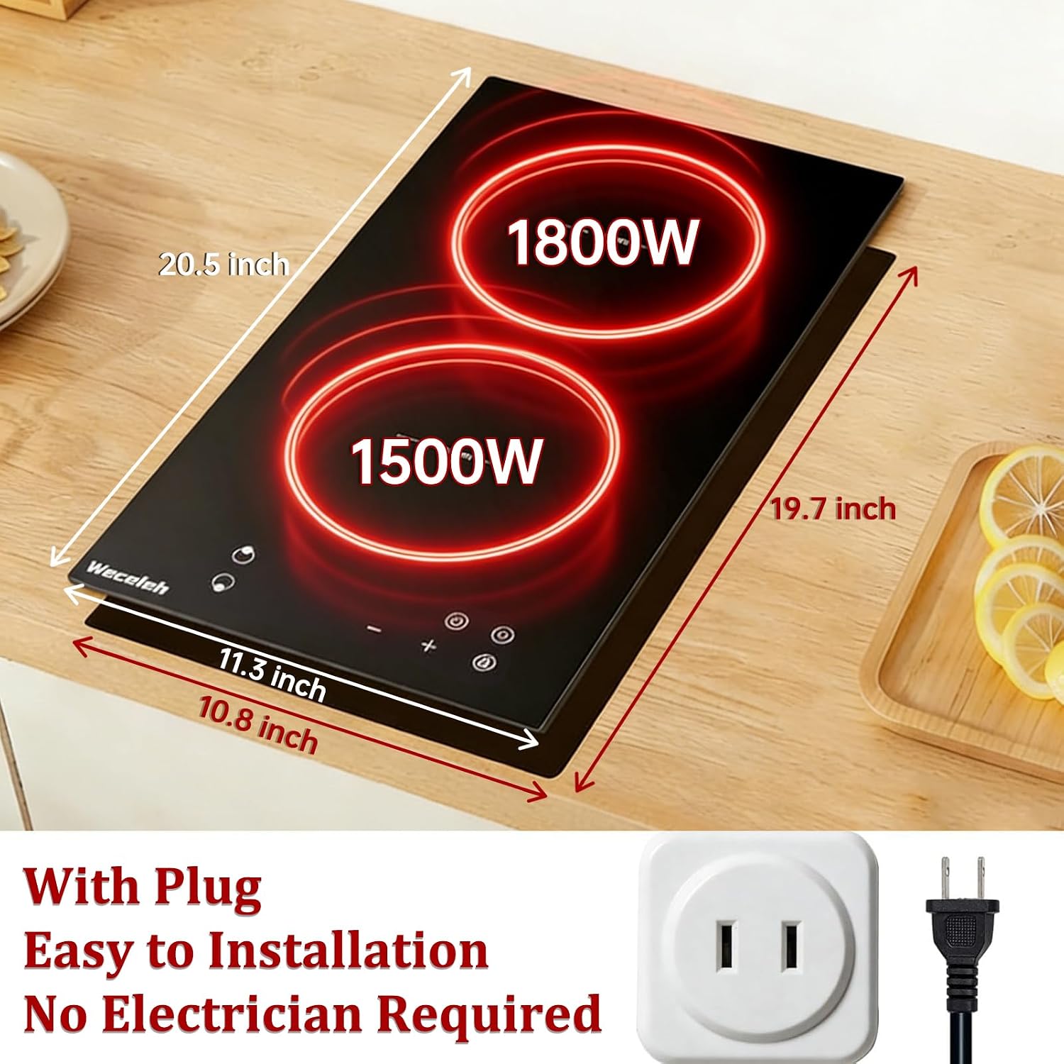 Double Induction Cooktop 3300W, Weceleh 2 Burner Induction Stove Top with 9 Power Levels, 12 Inch Electric Cooktop, Safety Lock, Timer, Plug-in, Built-in or Countertop, 110-120V