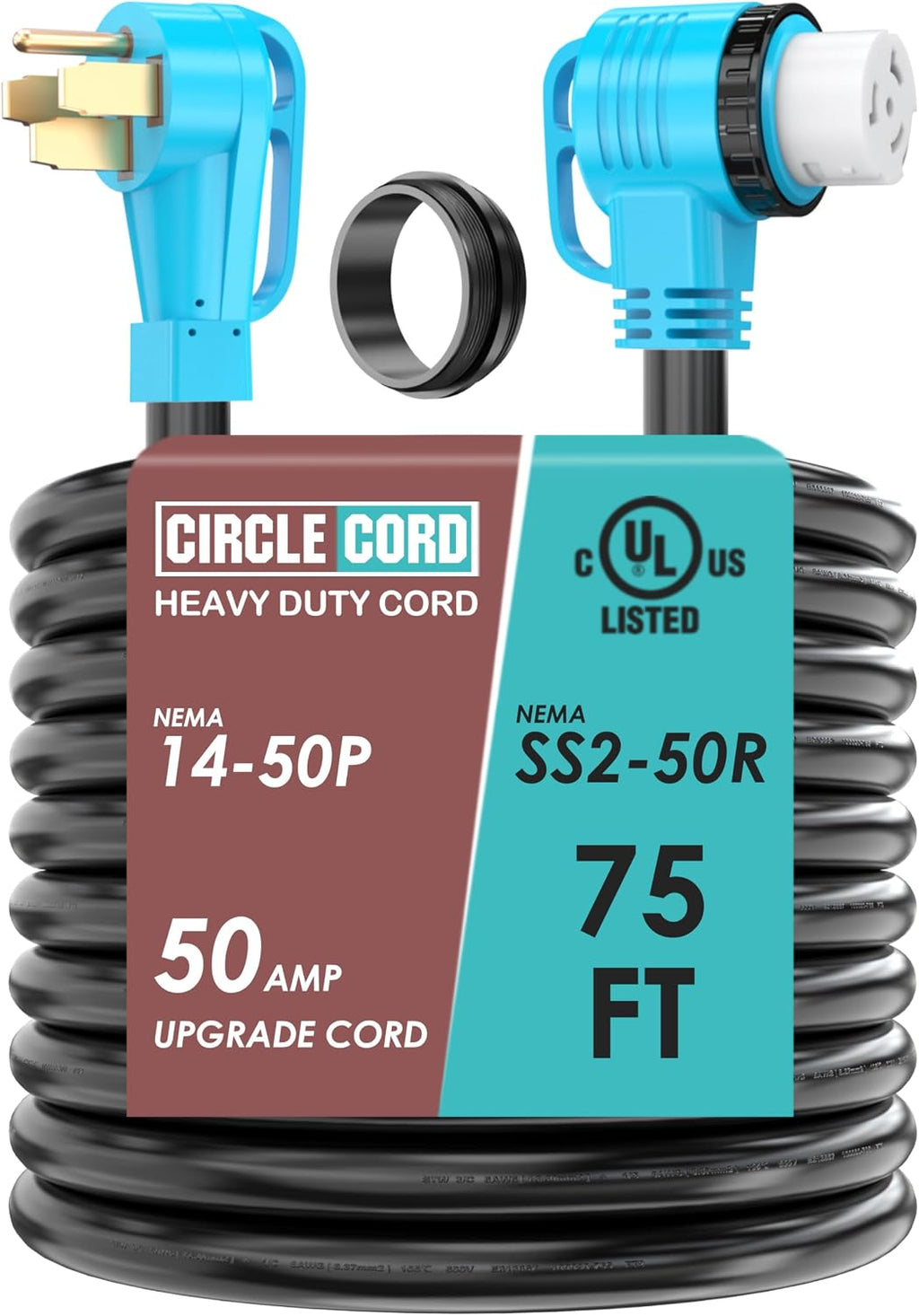 CircleCord UL Listed 50 Amp 75 Feet RV/Generator Cord with 90° Right Angle Locking Connector, Heavy Duty 6/3+8/1 Gauge STW Wire, 14-50P Male and SS2-50R Female for RV Camper and Generator to House