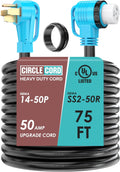 CircleCord UL Listed 50 Amp 75 Feet RV/Generator Cord with 90° Right Angle Locking Connector, Heavy Duty 6/3+8/1 Gauge STW Wire, 14-50P Male and SS2-50R Female for RV Camper and Generator to House