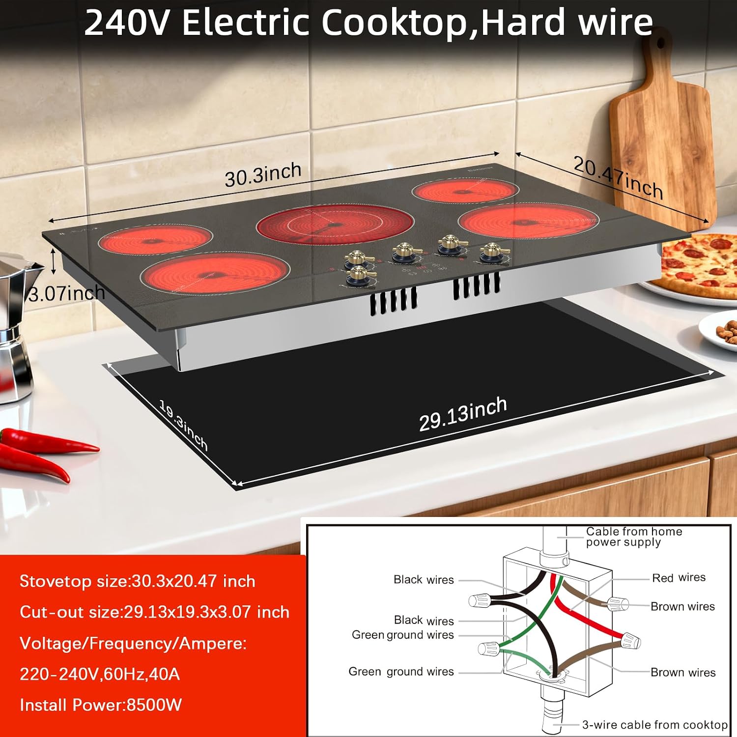 Karinear Electric Cooktop 30 Inch, 5 Burner Radiant Cooktop with Knob & Touch Control, 8500W 240V Built-in Stove Top, 9 Power Levels, Timer, Child Lock, Pause, Residual Heat Indicator(Gold Knob)