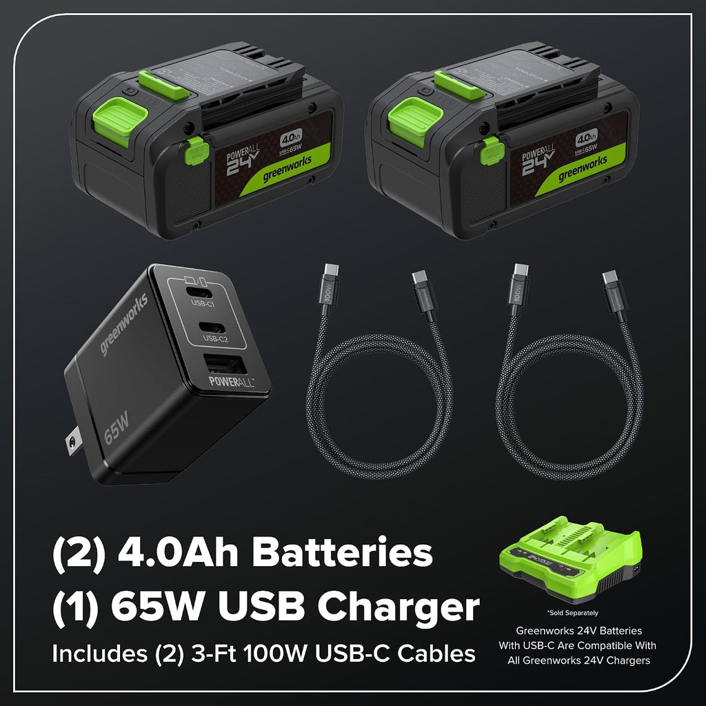 Greenworks 48V (24V x 2) 17' Brushless Push Lawn Mower with (2) 4.0Ah Batteries & 65W Type-C Charger