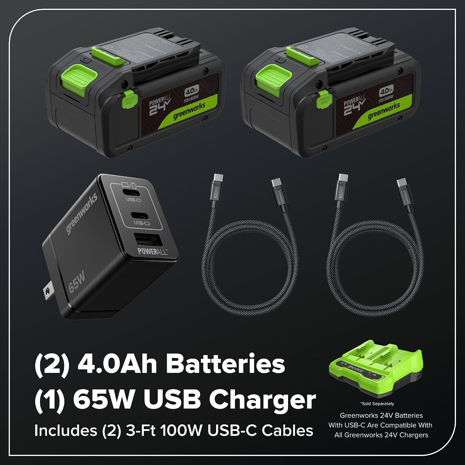 Greenworks 48V (24V x 2) 17' Brushless Push Lawn Mower with (2) 4.0Ah Batteries & 65W Type-C Charger