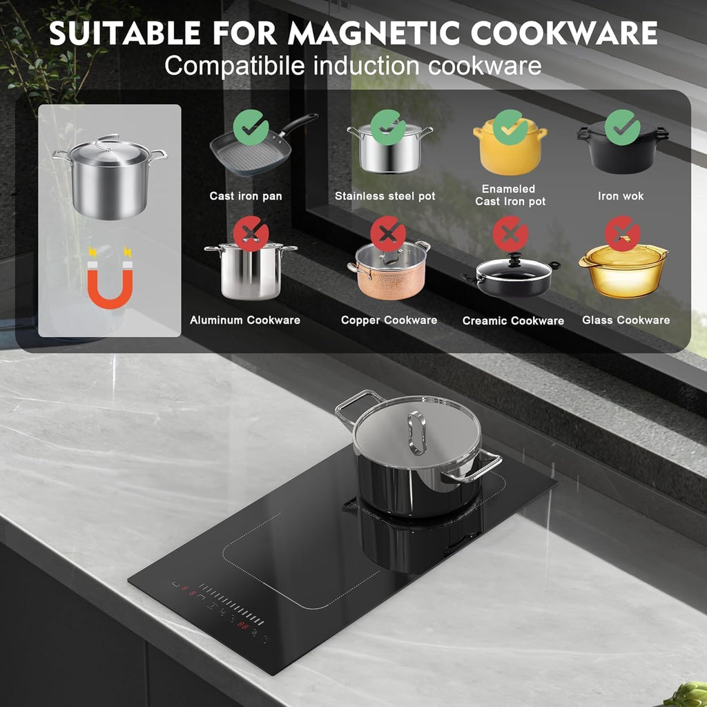 Karinear 12 Inch Induction Cooktop 2 Burners, Built-in Induction Stovetop with Flex Zone,Child Safety Lock, Timer, Pause, Slider Control Black Glass Electric Cooktop 220V 3500W(come with a pot)
