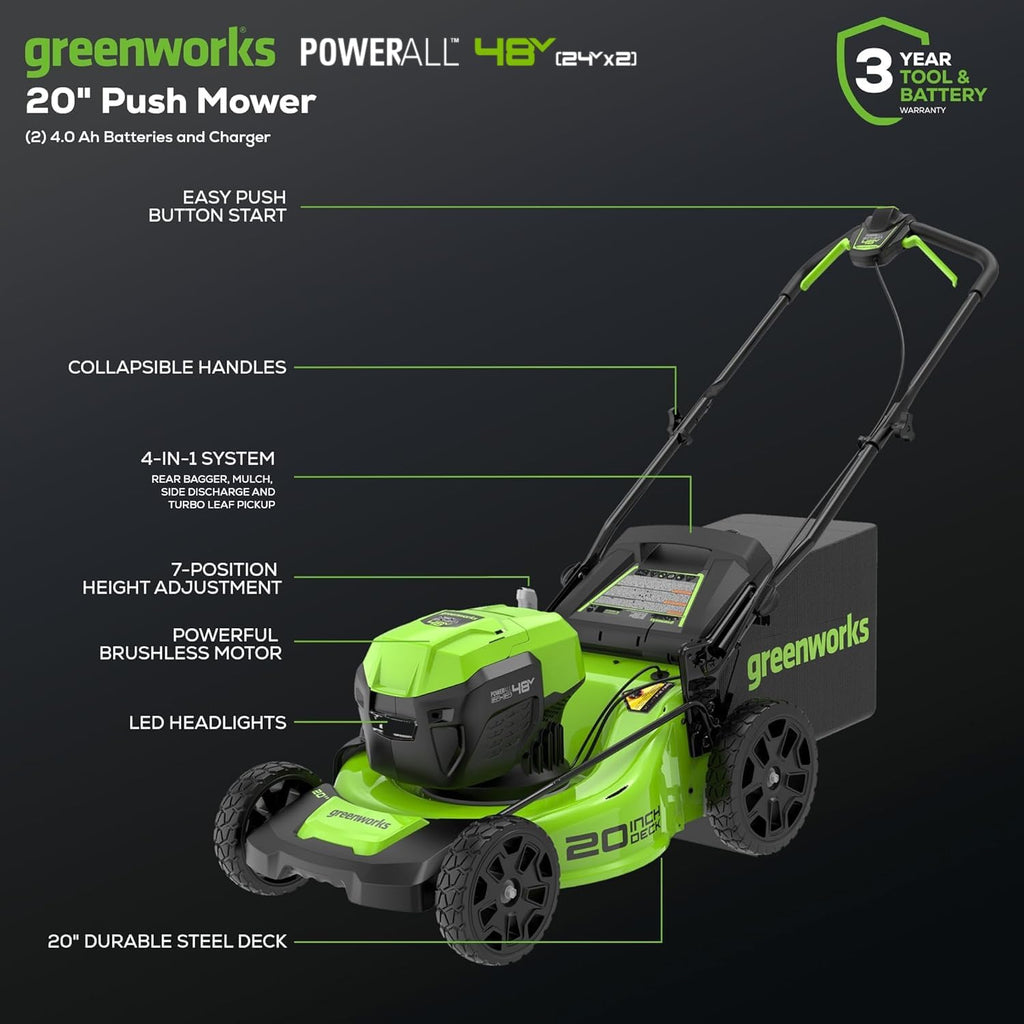 Greenworks 48V (24V x 2) 20' Brushless Cordless Lawn Mower + 12' String Trimmer + 320 CFM Leaf Blower Combo Kit with (2) 4.0Ah Batteries & Dual Port Fast Charger