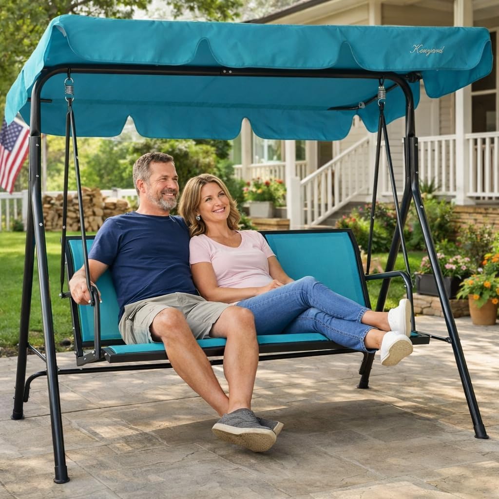 Kozyard 3-Person Outdoor Canopy Porch Swing Chair, Breathable Textilene Armrest Seat, Adjustable Shade, Heavy-Duty Powder-Coated Steel Frame Swing for Patio, Backyard, Poolside & Balcony, Blue