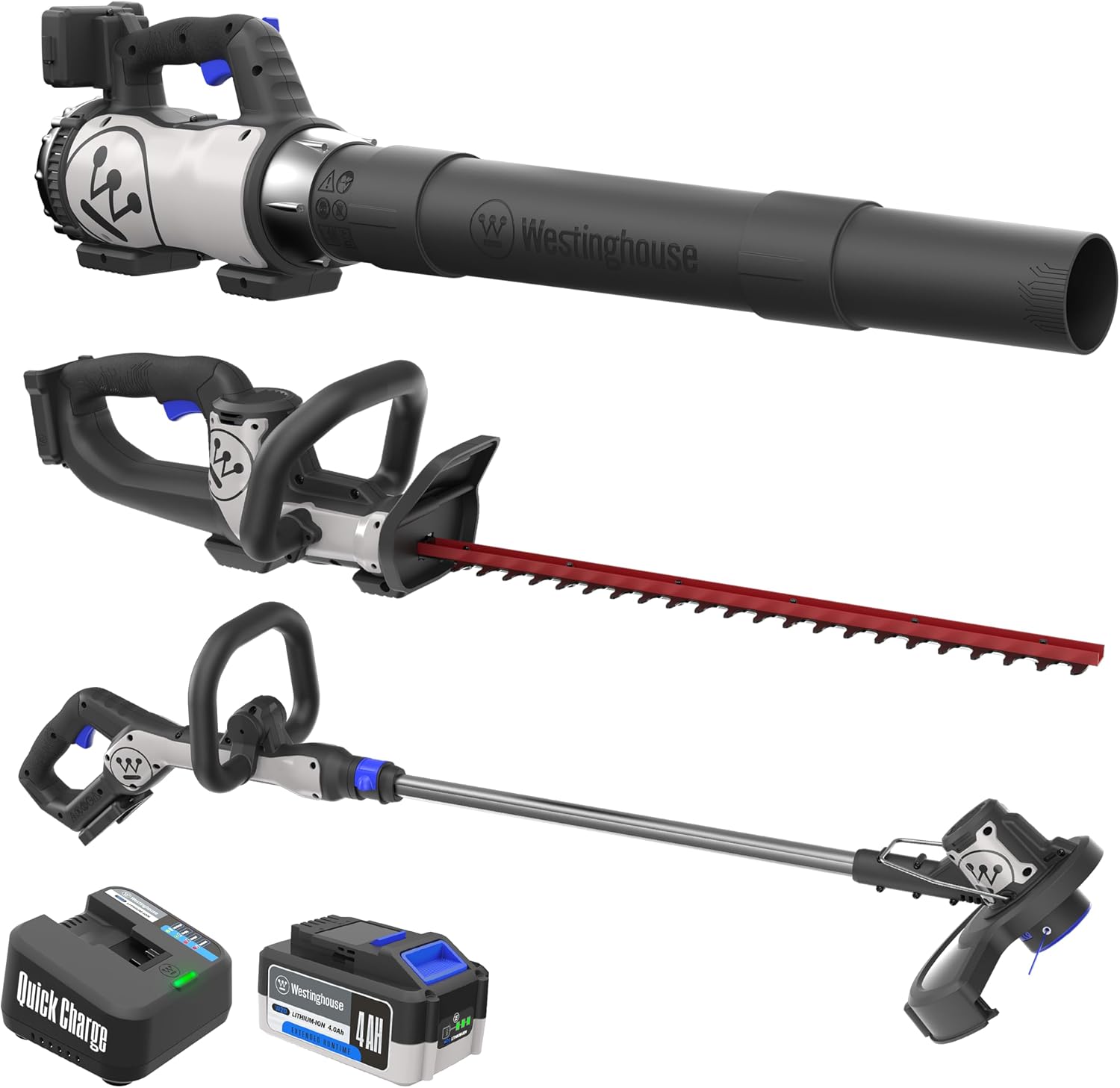 Westinghouse 20V Cordless Leaf Blower, 350 CFM, 110 MPH + 22' Cordless Hedge Trimmer, Dual-Action Steel Blades + 2-in-1 Cordless String Trimmer & Edger, 12' Cutting Path with 4.0Ah Battery & Charger