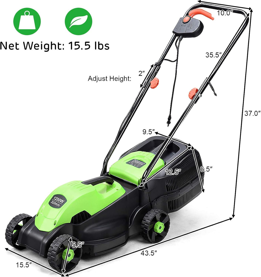 Happygrill Lawn Mower 13-Inch Electric Lawn Mower, Handle Push Corded Lawn Mowers with Grass Bag, Folding Handle, Adjustable Cutting Height for Garden Yard, 12 Amp,Green