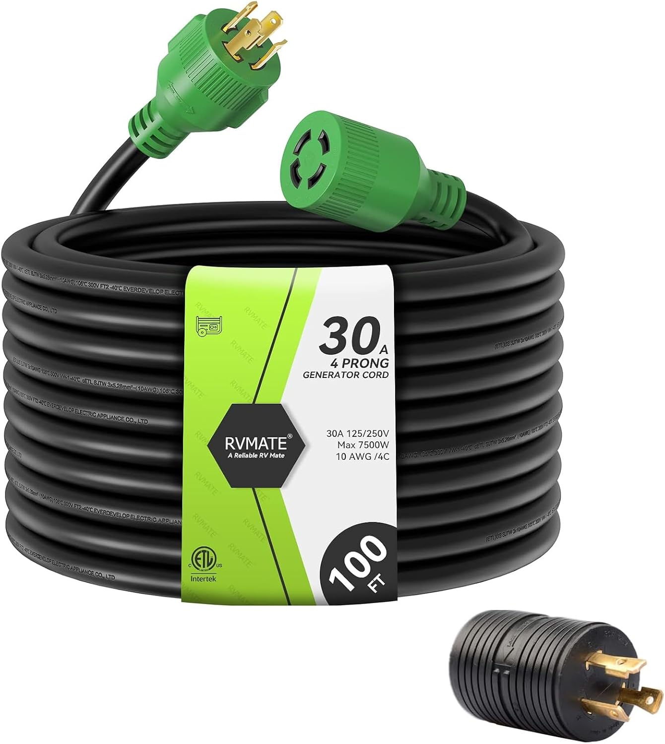 RVMATE 30 Amp Generator Cord 4 Prong 100 Feet, NEMA L14-30P/L14-30R, 125/250V Up to 7500W 10 Gauge SJTW Generator Extension Cord, ETL Listed