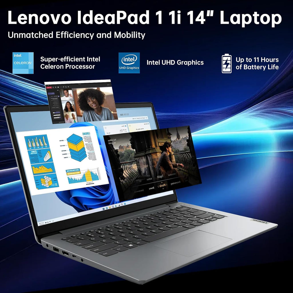 Lenovo IdeaPad 1 1i 14' Laptop with 1-Year Microsoft 365, Intel Processor, 12GB RAM, 128GB eMMC + 512GB SSD, SD Card Reader, Privacy Camera, Long Battery Life, with Accessories, Win 11 Home