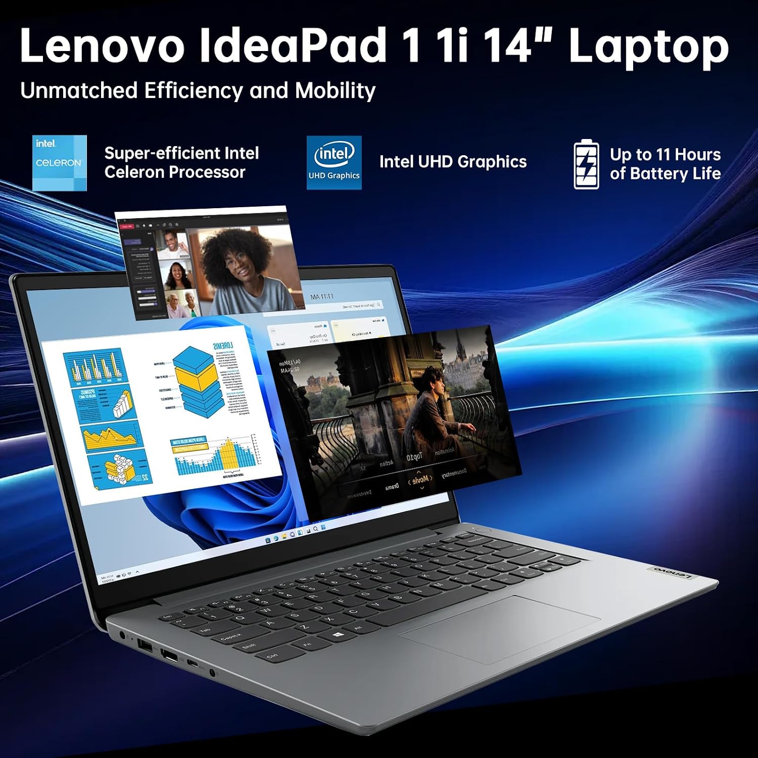 Lenovo IdeaPad 1 1i 14' Laptop with 1-Year Microsoft 365, Intel Processor, 12GB RAM, 128GB eMMC + 512GB SSD, SD Card Reader, Privacy Camera, Long Battery Life, with Accessories, Win 11 Home