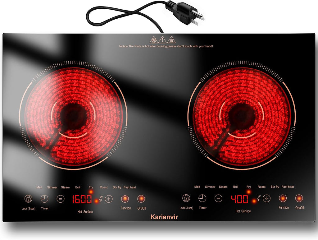 2 Burner Electric Cooktop 110v, 24 Inch Electric Stove Countertop & Built-in, Plug-in Electrics Cooktop, 8 Power Levels & 8 Functions, Touch Control, Safety Lock, Timer, 2000W, Orange