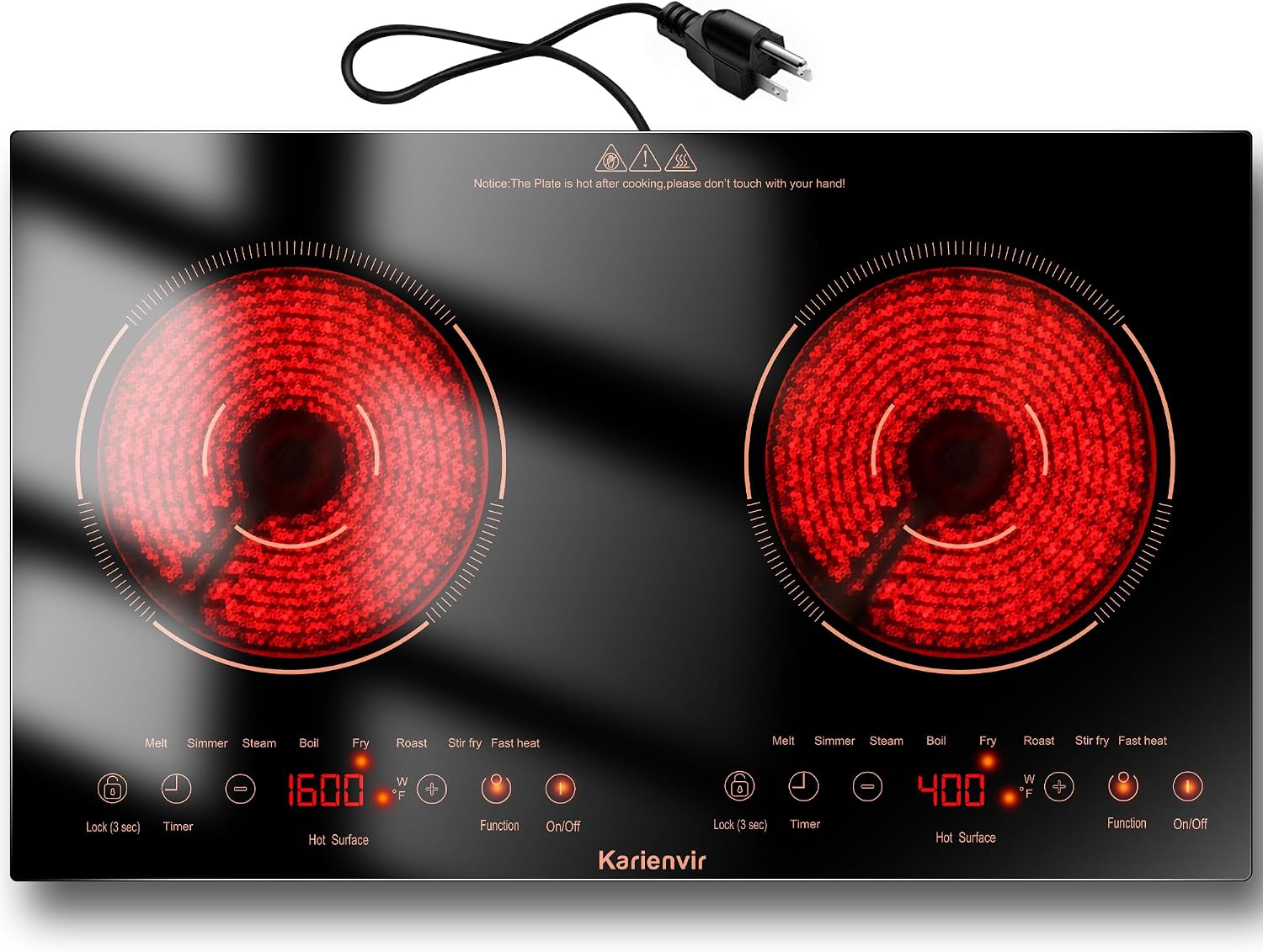 2 Burner Electric Cooktop 110v, 24 Inch Electric Stove Countertop & Built-in, Plug-in Electrics Cooktop, 8 Power Levels & 8 Functions, Touch Control, Safety Lock, Timer, 2000W, Orange