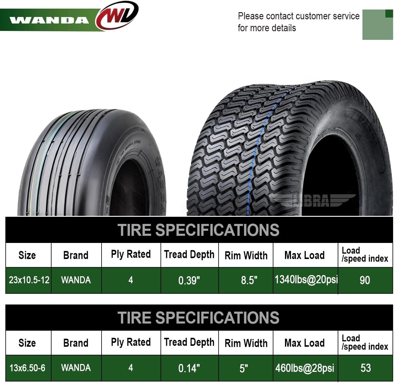 WANDA Set 4 Zero-Turn Lawn Mower Turf Tires 13x6.5-6 Front & 23x10.5-12 Rear /4PR -13081/13049
