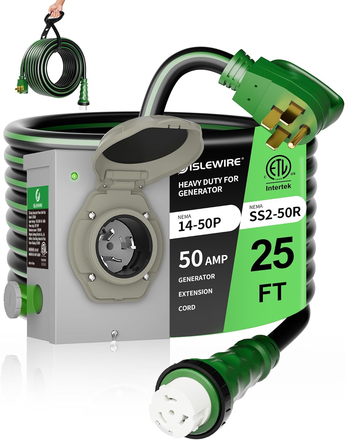 50 Amp 25FT Generator Cord and Pre-Drilled Power Inlet Box, NEMA 14-50P to SS2-50R Generator Cord Kit, 6/3+8/1 AWG STW Twist Lock Connector, 125/250V 12500W, ETL Listed, Ready for Emergency Use