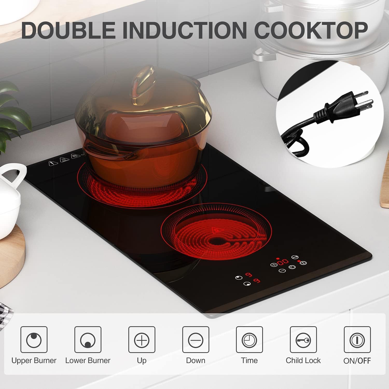 ANHANE Electric Cooktop 2 Burners, 12 Inch Built-in Ceramic Stove Top with Timer, Child Lock, 110V Induction Cooktop for Kitchen, Apartment, RV, Dorm