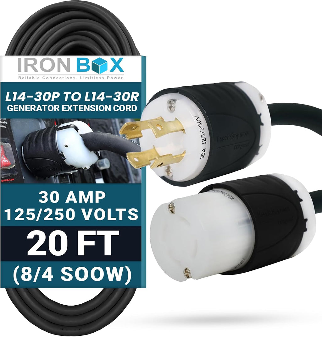 IronBox Electric - Heavy-Duty NEMA L14-30 Generator Extension Cord - L14-30P Plug to L14-30R Connector - Rated for 30 Amps 125/250V 8/4 SOOW 4 Prong Generator Cord - Power Cable for Generators(20 ft)
