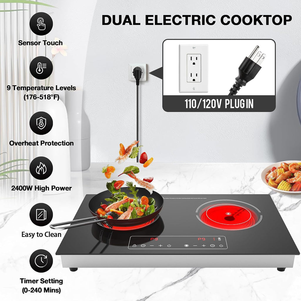 Electric Cooktop,110V 2400W 2 Burner Electric Cooktop,Countertop and Built-in Stove top with 9 Power Levels,Child Safety Lock, Timer, LED touch control,Overheat Protection