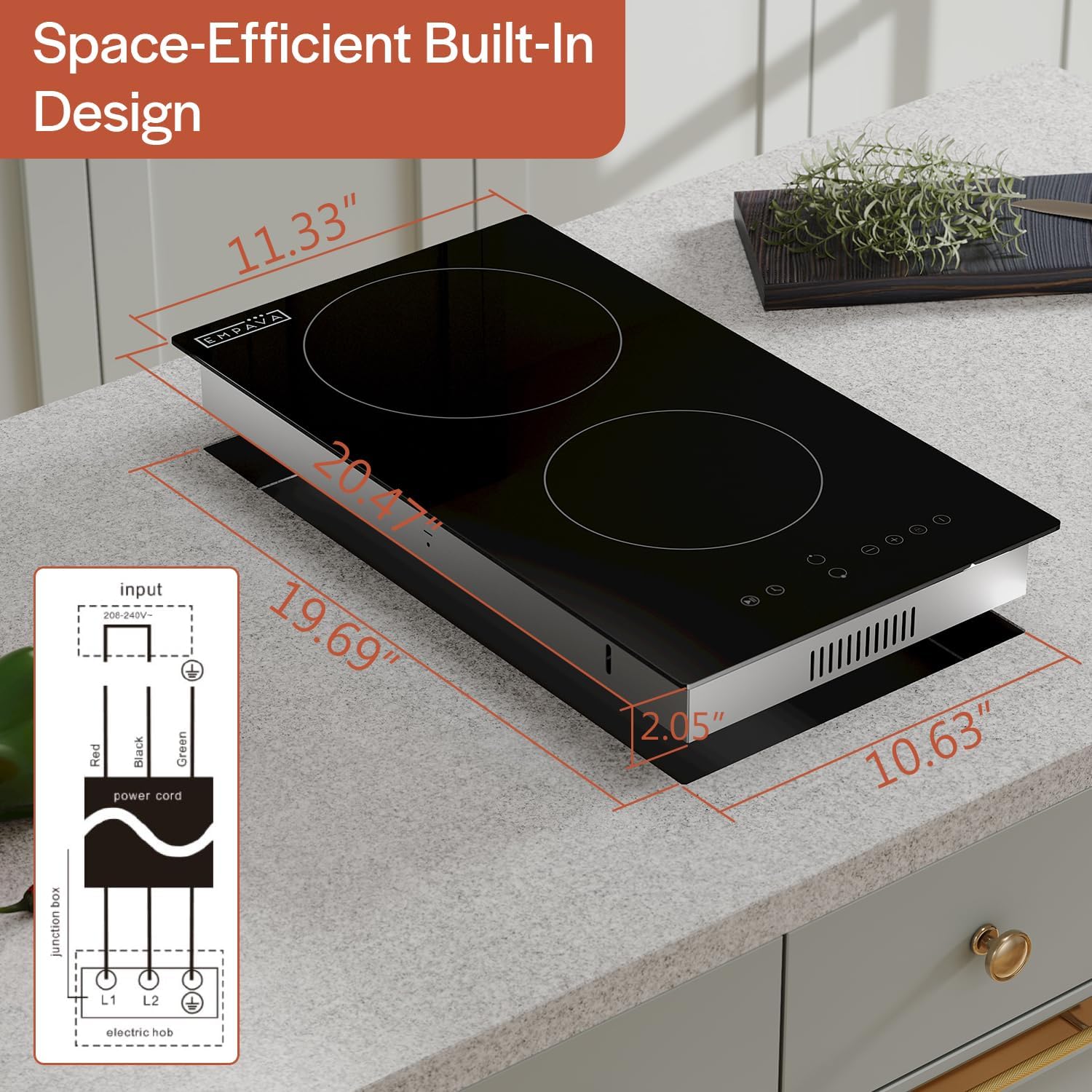 Empava 2 Burner Electric infrared Cooktop, 3000W Built in Electrical Stove Top for Kitchen, 208~240V Hard Wired, No Plug, ETL Certified, Black