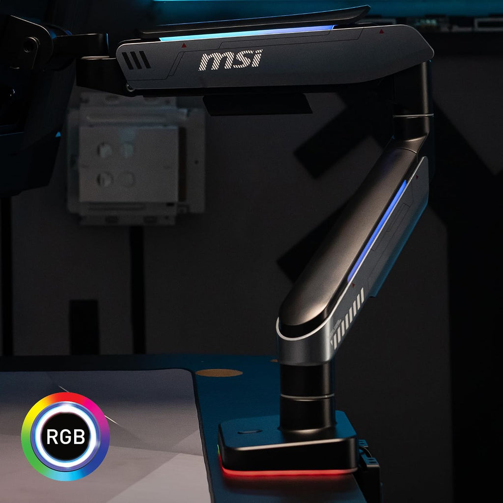MSI MPG MT201R V2 - Premium RGB Single Monitor Stand Arm, Supports 17-49' Screens and 44 lbs, VESA Compatible, Adjustable Heavy Duty Gas Spring Mount, Clamp & Grommet, Quick Release Plate - Gray
