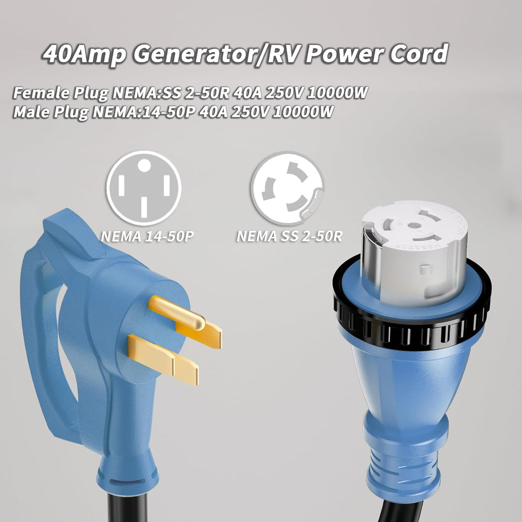 PlugSaf 40 Amp Generator Cord, 100FT 40 Amp RV Extension Cord with Twist Lock, Generator Cable 40A 4 Prong Blue, NEMA 14-50P/SS2-50R Heavy Duty STW Wire for RV Camper & House