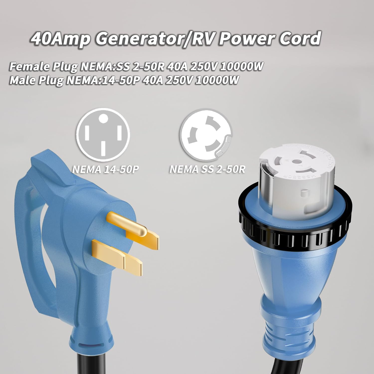 PlugSaf 40 Amp Generator Cord, 100FT 40 Amp RV Extension Cord with Twist Lock, Generator Cable 40A 4 Prong Blue, NEMA 14-50P/SS2-50R Heavy Duty STW Wire for RV Camper & House