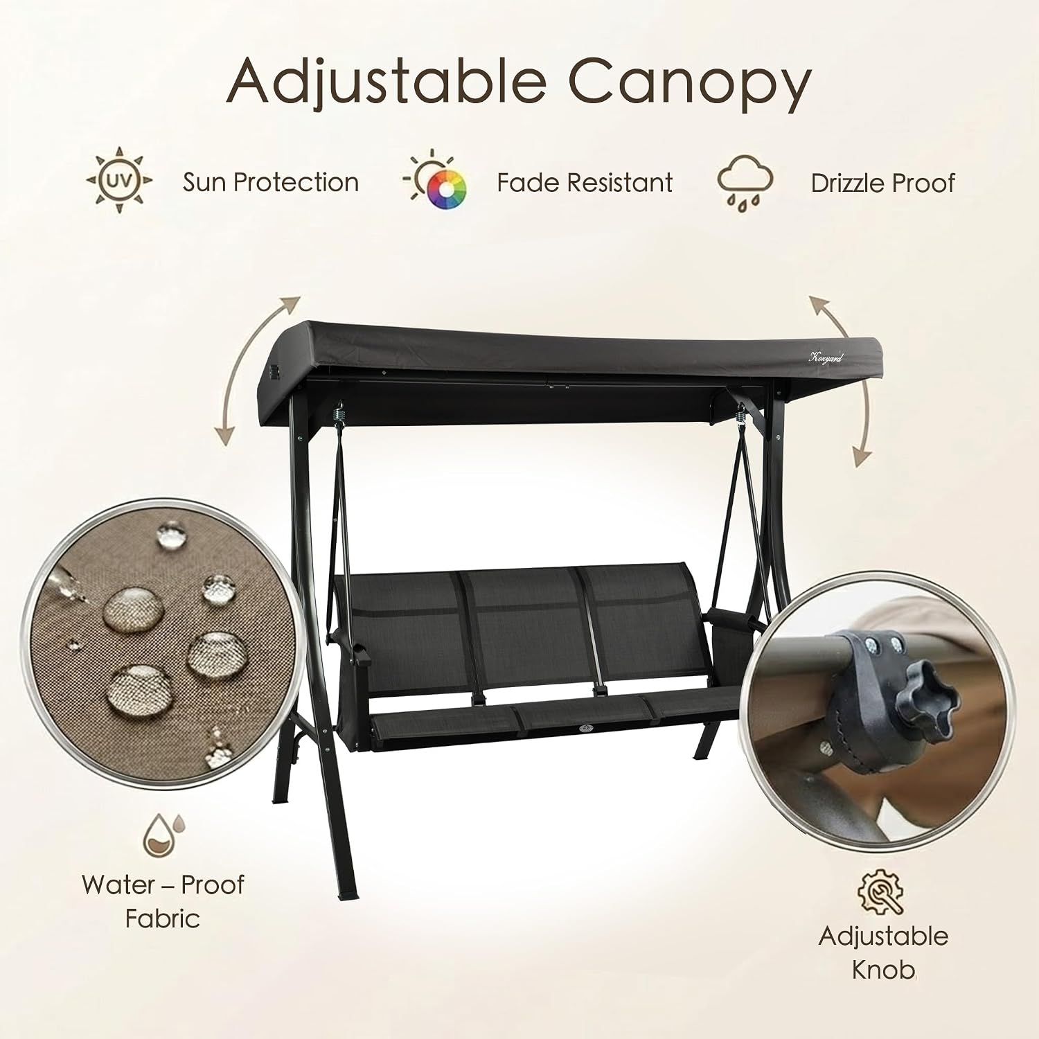 Kozyard Brenda 3-Seat Outdoor Porch Swing Glider, Patio Swing with Adjustable Canopy, Steel Frame, Breathable Textilene Seat & Back, Side Pockets (Gray)