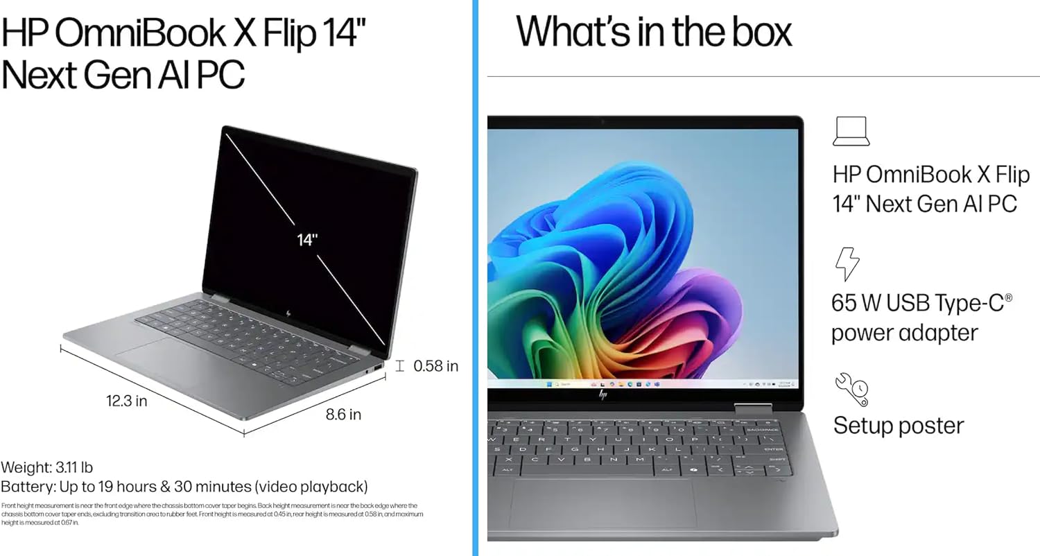 HP OmniBook X Flip 2-in-1 Laptop 14' WUXGA IPS Touchscreen 8-Core AMD Ryzen AI 7 350 24GB LPDDR5 1TB SSD AMD Radeon 860M Graphics Wi-Fi 6E Backlit Keyboard Win11 Home W/Mouse