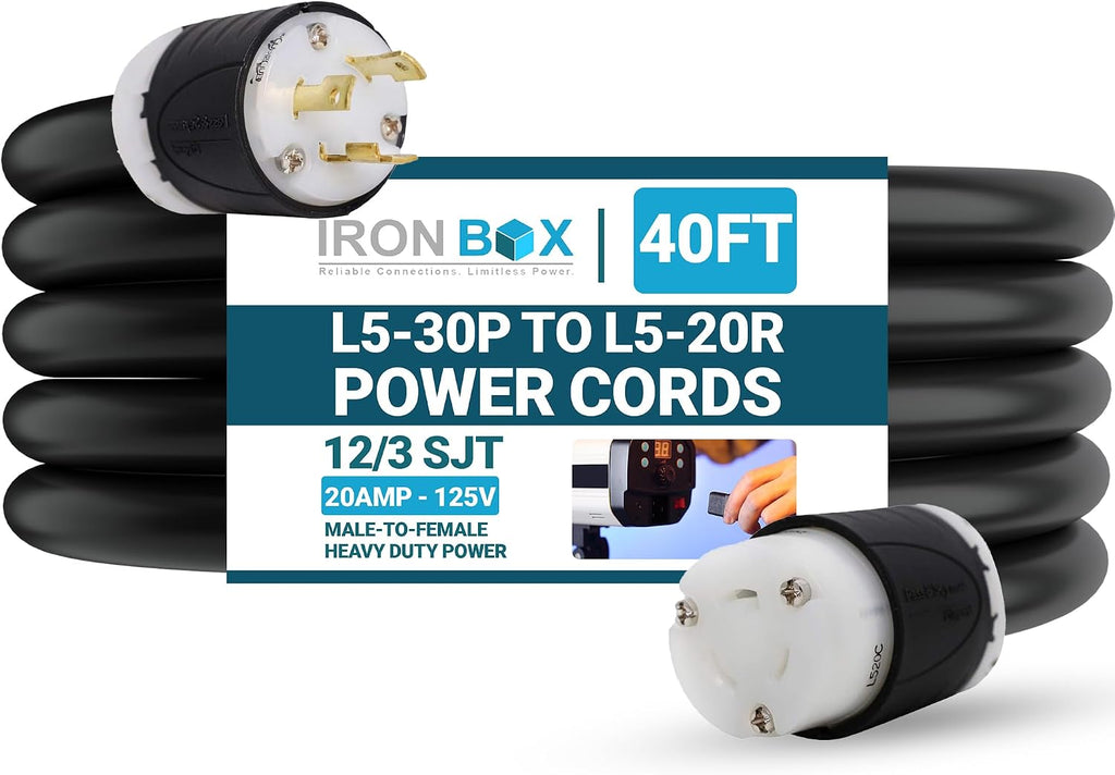 IronBox Electric NEMA L5-30P to L5-20R Plug Adapter Power Cord - 20A,125V, 12/3 SJT - UL Listed Power Cable - Heavy Duty Extension Cord for Generator, Data Centers, Outdoor & More (40ft, Custom Built)