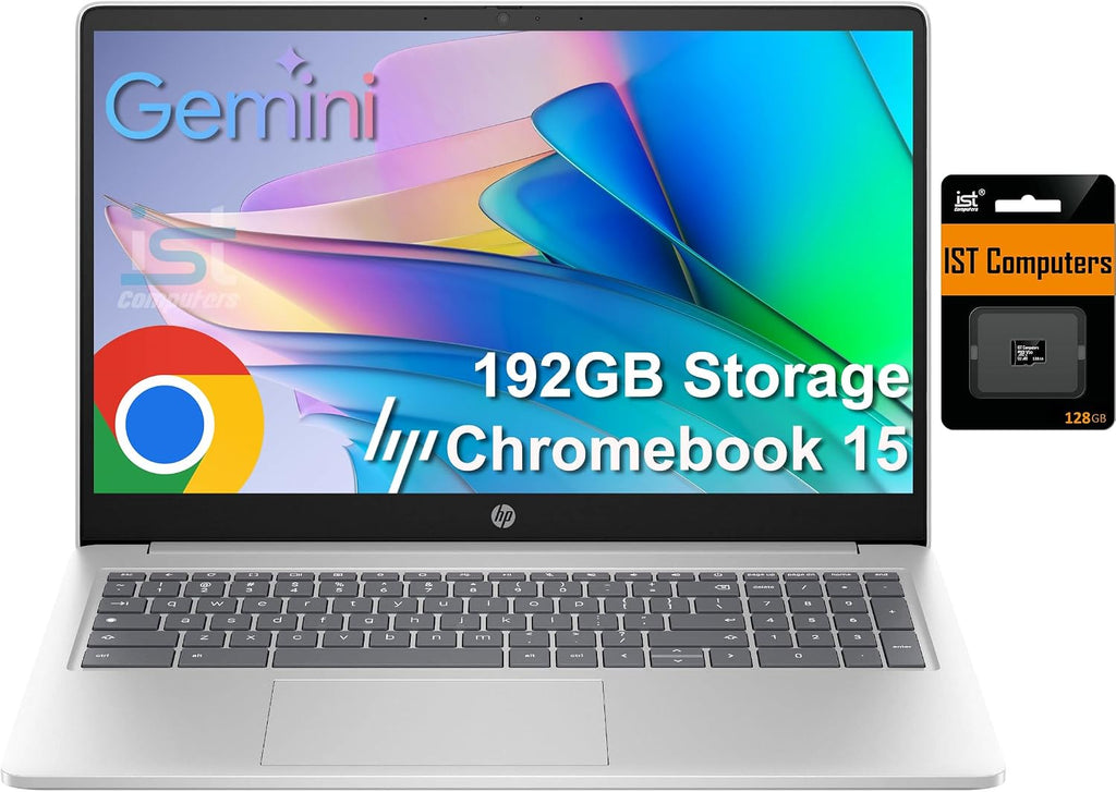 HP Chromebook 15 Laptop ( 15.6' Anti-Glare, Intel N200, 8GB DDR5 RAM, 192GB Storage (64GB eMMC + 128GB SD), 4-Core(> i3-1115G4), Numeric KB) Home & Student, Webcam w/Shutter, Wi-Fi, Chrome OS, Silver