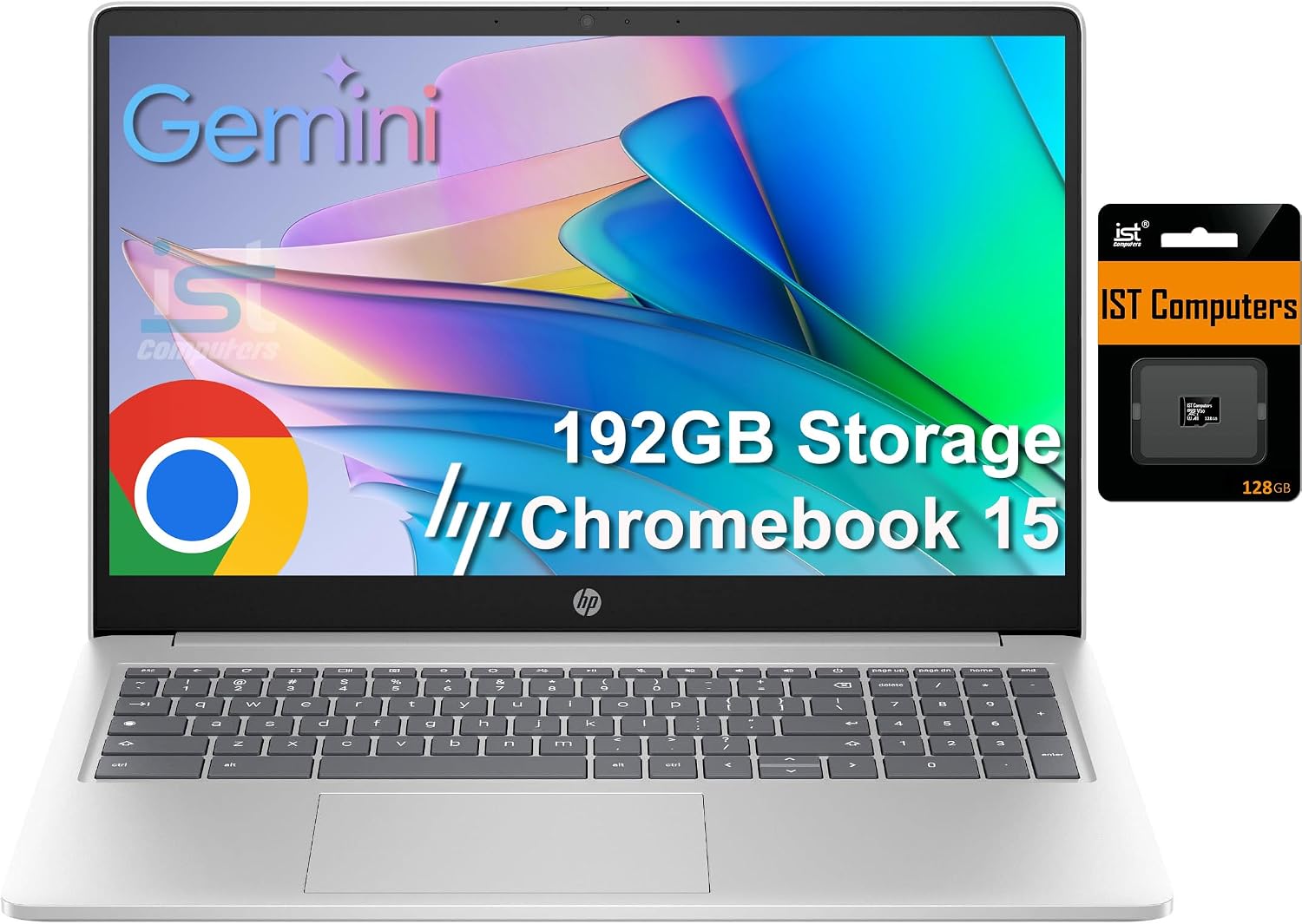 HP Chromebook 15 Laptop ( 15.6' Anti-Glare, Intel N200, 8GB DDR5 RAM, 192GB Storage (64GB eMMC + 128GB SD), 4-Core(> i3-1115G4), Numeric KB) Home & Student, Webcam w/Shutter, Wi-Fi, Chrome OS, Silver
