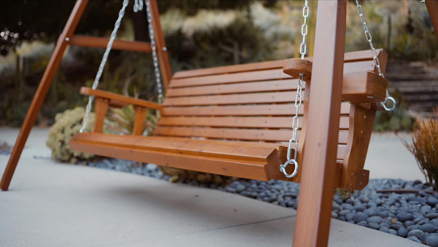 Wooden Porch Swing 3-Seater, Bench Swing with Cupholders, Hanging Chains and 7mm Springs, Heavy Duty 800 LBS, for Outdoor Patio Garden (Warm Teak Color, 5 FT Extra Large)