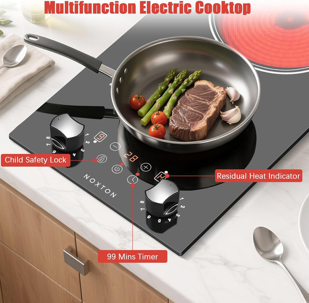 Noxton 2 Burners Electric Cooktop, 12 Inch 110V Radiant Ceramic Stove with Knob & Touch Control, 2000W Built-in or Countertop Electric Hot Plate, Timer, Child Lock, Residual Heat Indicator(YS)