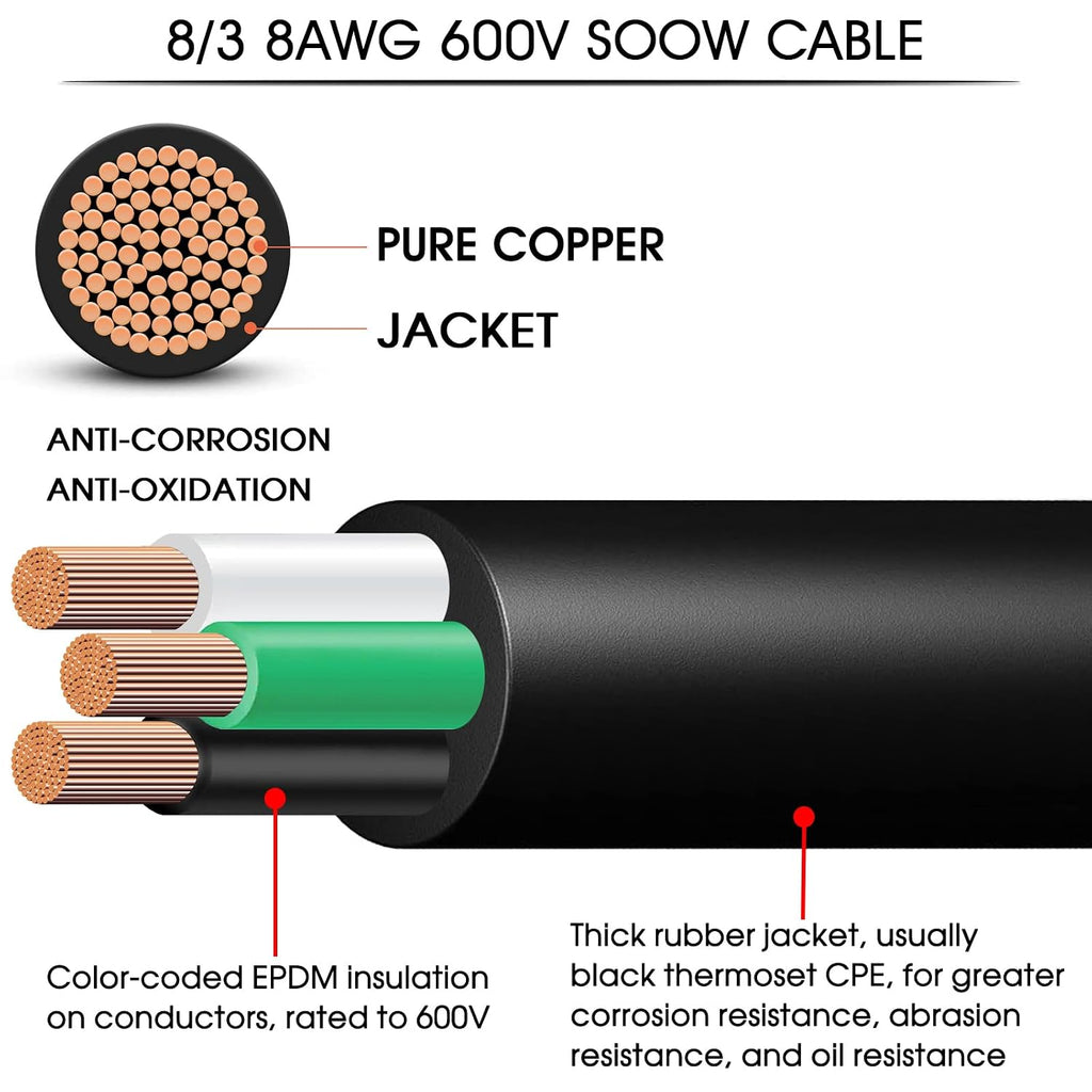 50ft 8/3 Wire 8 Gauge SOOW Wire 8 AWG 8/3 Electric SOOW Portable Power Cable 8 Gauge 3 Conductor Bulk Cable Extension Cord for 35A Generator,Welder,Circuits,Portable Light,Data Centers,Motor Lead