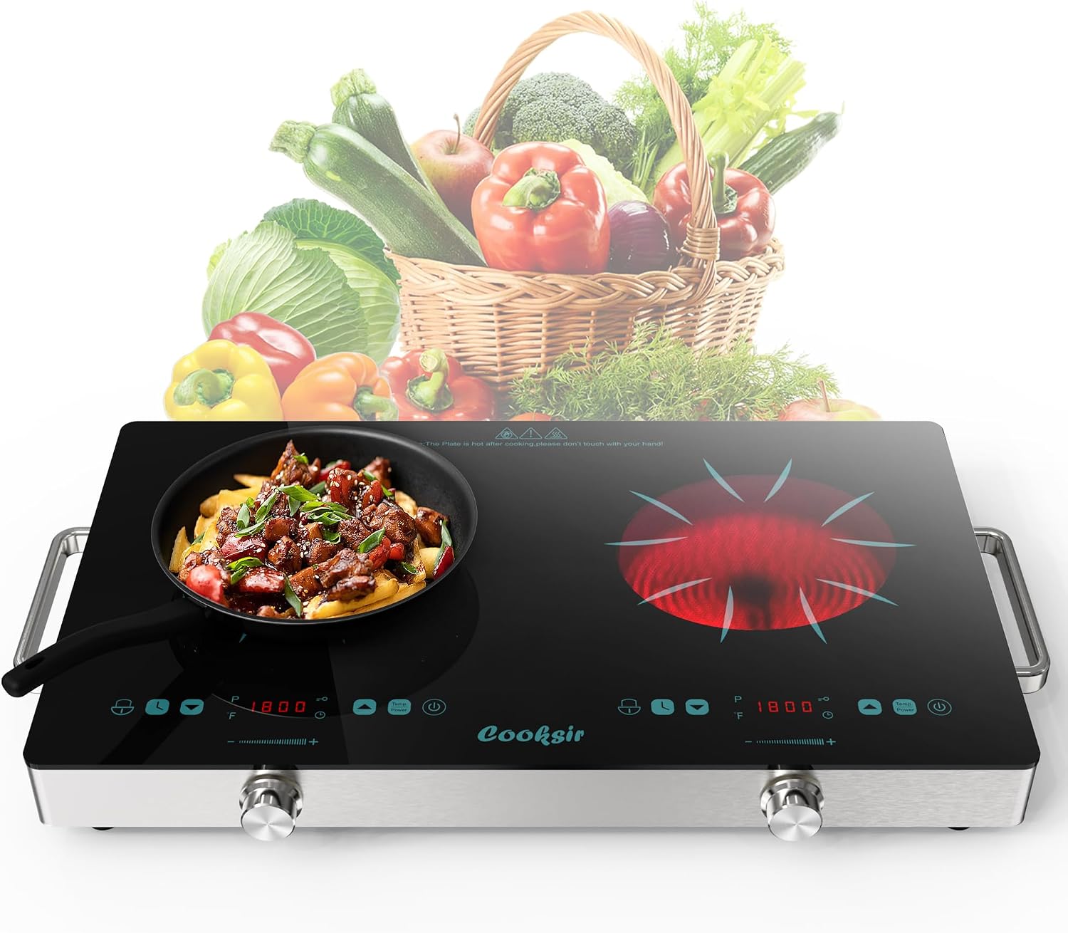 2 Burner Electric Cooktop - 24 Inch Portable Electric Stovetop 110V, 2000W Countertop Tow Burner Ceramic Cooktop with LCD Control Panel, Child Lock, Timer, Knob Control with Plug (Green)